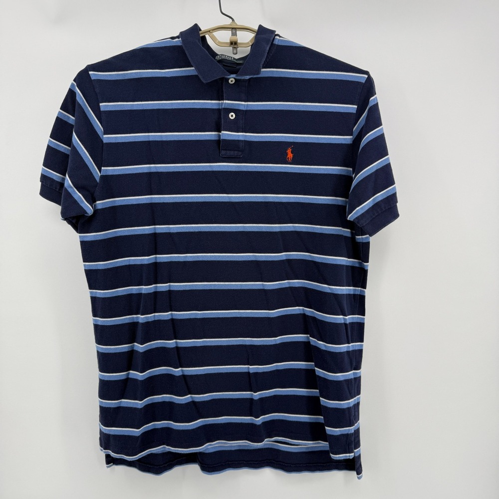 Polo Ralph Lauren Polo‎ Shirt Mens XL Navy Blue Striped Orange Pony Cotton Pique - Picture 2 of 7